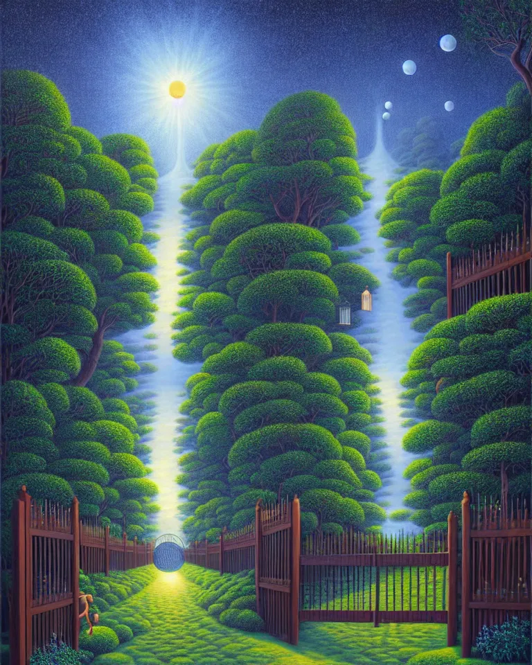 Image similar to hd painting of a dark garden, wooden gates, particles of magic by rob gonsalves, trending on artstation