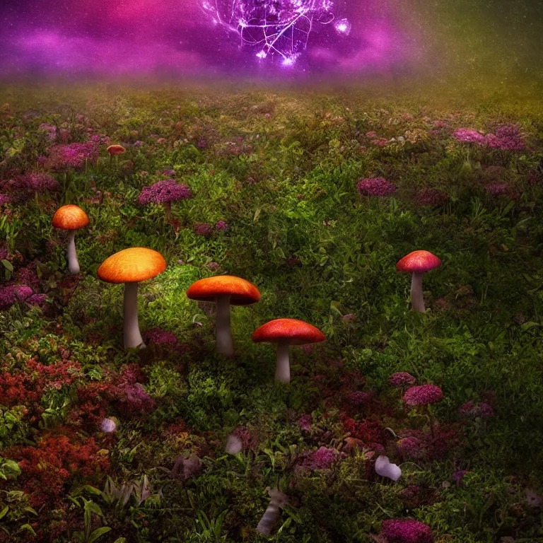 Image similar to a planet of various fungus, mushrooms, flowers and plants, inside the picture is infinity, Atmospheric, artistic photography, conceptual, long exposure outside the city, volumetric light