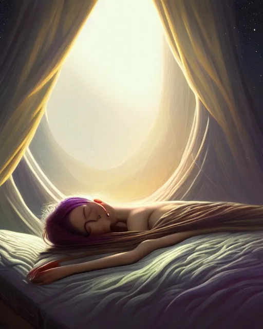 Image similar to beautiful painting of a elven sleeping on a bedroom, poster art by mor than, cgsociety, space art, sci - fi, cosmic horror, sense of awe, art by mike winkelmann, sky night, illustration, highly detailed, simple, smooth and clean vector curves, no jagged lines, vector art, smooth, artstation