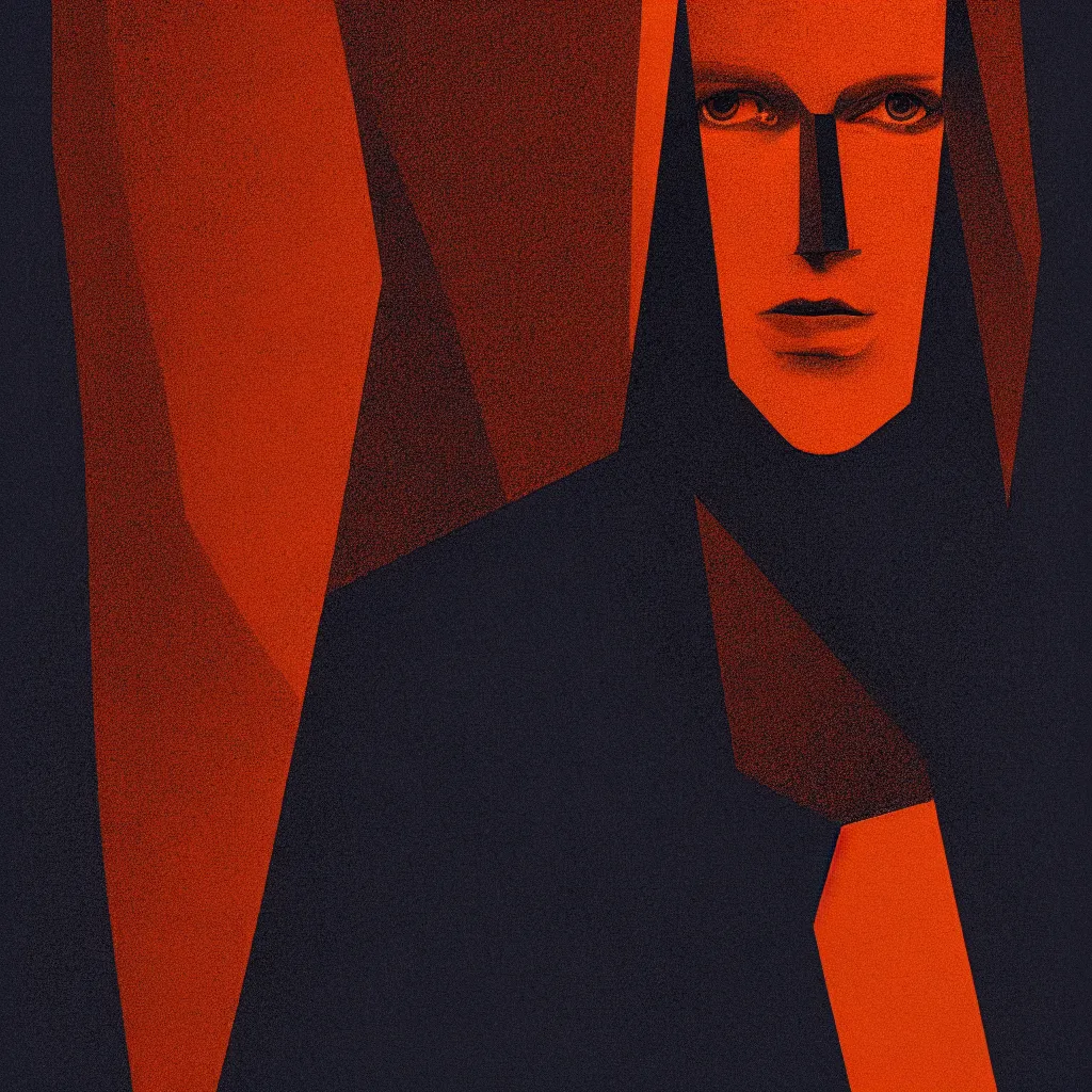 Image similar to beautiful symmetrical face by, mads berg, karolis strautniekas, film noir, stippled light, dramatic lighting, editorial illustration, detailed, fine texture, matte print, art deco, brutalism, dark blue + dark orange, red, black, ( ( habitat 6 7 background ) )