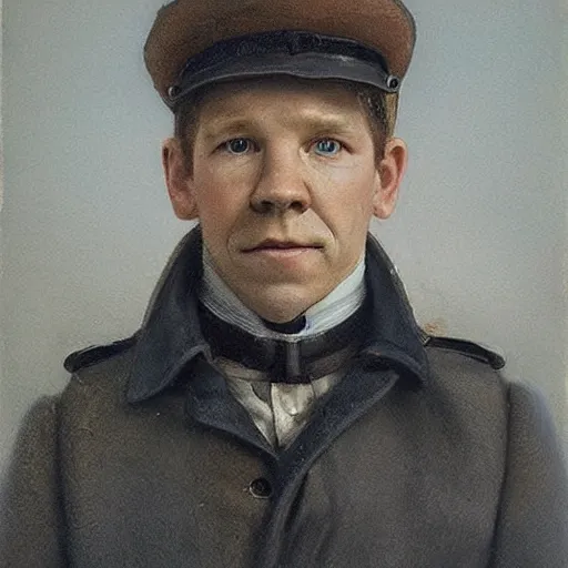 Prompt: thirty years old Lee Evans as a ((sad)) 19th century, eastern european postman (without bead and without mustache). detailed, soft focus, interesting lights, realistic style, shadows, higher contrasts, afternoon lights, hyperdetailed, oil canvas, character concept art by Munkácsy Mihály, Hollósy Simon, Csók István, John Everett Millais, Henry Meynell Rheam, and da Vinci