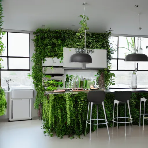 Prompt: unusual kitchens, overgrown with vegetation model inside crystal ball, octane render hyperdetailed,