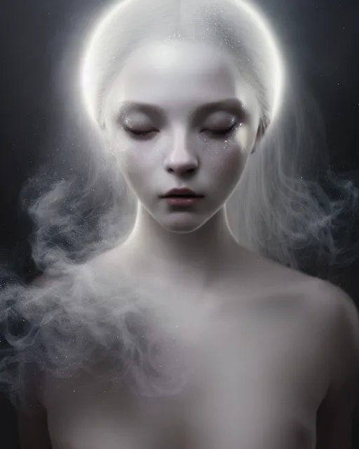 Image similar to monochrome, dreamy, subsurface scattering, white, young beautiful goddess in cosmos with very long white hair floating in air, fluid smoke art, octane render, dino valls, mark ryden, joe fenton, michal karcz, highly detailed, rim light, art, cinematic lighting, very coherent, hyper realism, 8 k