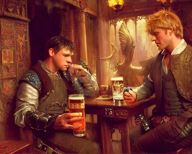 Image similar to attractive arthur pendragon and attractive merlin, both around 2 5 years old go to a pub together to have some drinks. highly detailed painting by gaston bussiere, craig mullins, j. c. leyendecker 8 k