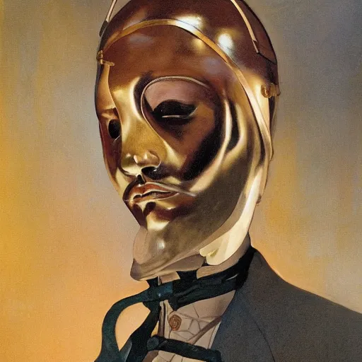 Image similar to closeup painting of uncannily beautiful aristocrat wearing latex and bronze catsuitand face paint inside bronze art deco arcology, science fiction by j. c. leyendecker and fritz lang and stefan prohaczka