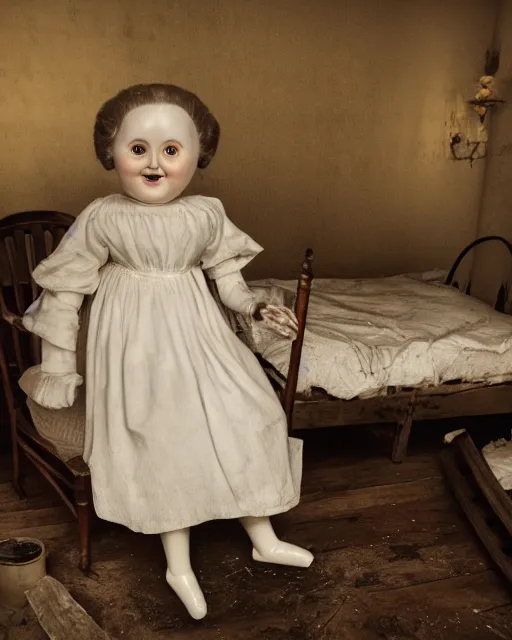 Image similar to portrait of a creepy smiling antique porcelain doll with white eyes wearing a dirty dress with long wet black hair sitting in a rocking chair next to a child’s bed in a dimly lit filthy room in an abandoned old asylum at night, 8k octane render, cinematic, dramatic lighting, volumetric lighting, Craig Mullins, Duane Hanson , Richard Estes, Arney Fretag, vintage photo, 1890