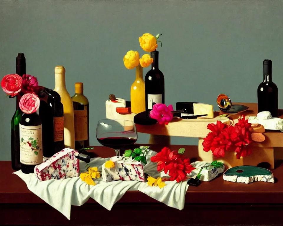 Image similar to an achingly beautiful still life featuring blooming flowers, cheeses, red wine, and toy cars by Raphael, Hopper, and Rene Magritte. detailed, romantic, studio lighting, enchanting, trending on artstation.