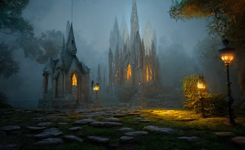 Image similar to in an ethereal tolkienesque city, highly detailed, 8 k, hdr, award - winning, octane render, trending on artstation, volumetric lighting