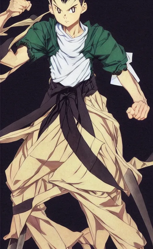 Prompt: Gon Freecss from HxH doing janken, 8k, digital art, drawn by j.c. leyendecker, amazing quality