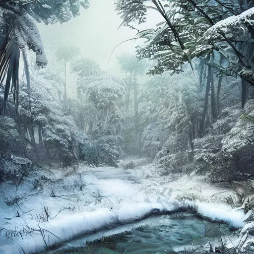 Prompt: Snowy place in the middle of the jungle, 8k, detailed, concept art, trending on artstation