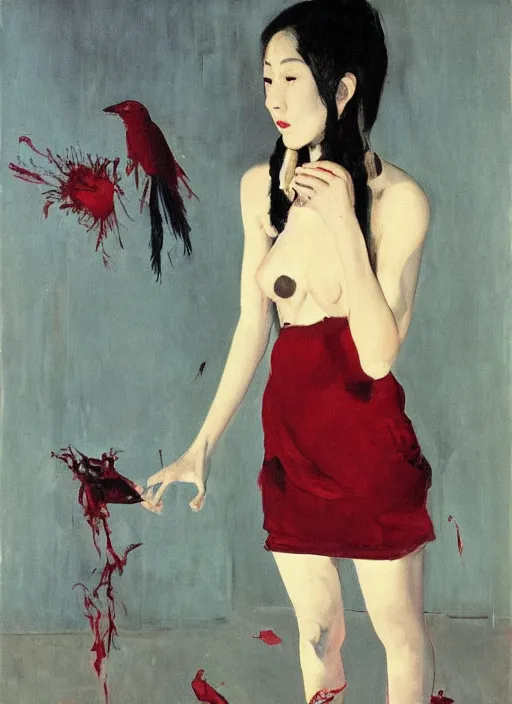 Prompt: a gorgeous asian college girl standing on the knees, frozen cold stare, blood red background, transparent gray skirts, stockings, crows swarming trapped in the void as a symbol of death, in style of surrealism of Francis Bacon painting, Ilya Kuvshinov, John Singer Sargant, Chaim Soutine and Frank Auerbach, American Gothic, 8k, ultradetailed