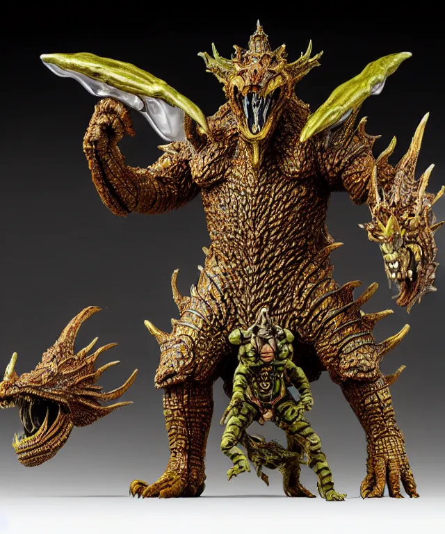 Image similar to hyperrealistic rendering, epic boss fight, ornate king emporer jewel crown war armor battle, kaiju beast god, by art of skinner and richard corben, product photography, collectible action figure, sofubi