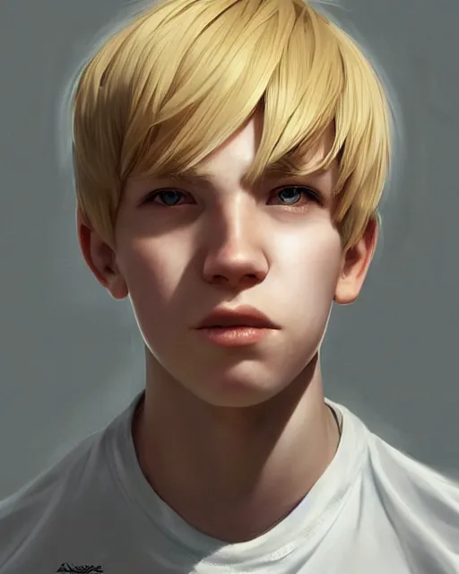 Prompt: portrait of 1 5 - year - old boy with blonde hair, round - face, with long toothed, hyper realistic face, beautiful eyes, character art, art by artgerm lau and wlop and and ilya kuvshinov and john singer sargent, hyperdetailed, symmetrical, cryengine, trending on artstation, digital art