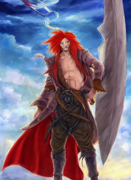 Prompt: An epic fantasy pokemon anime style portrait painting of a long haired, red headed male sky-pirate in front of an airship