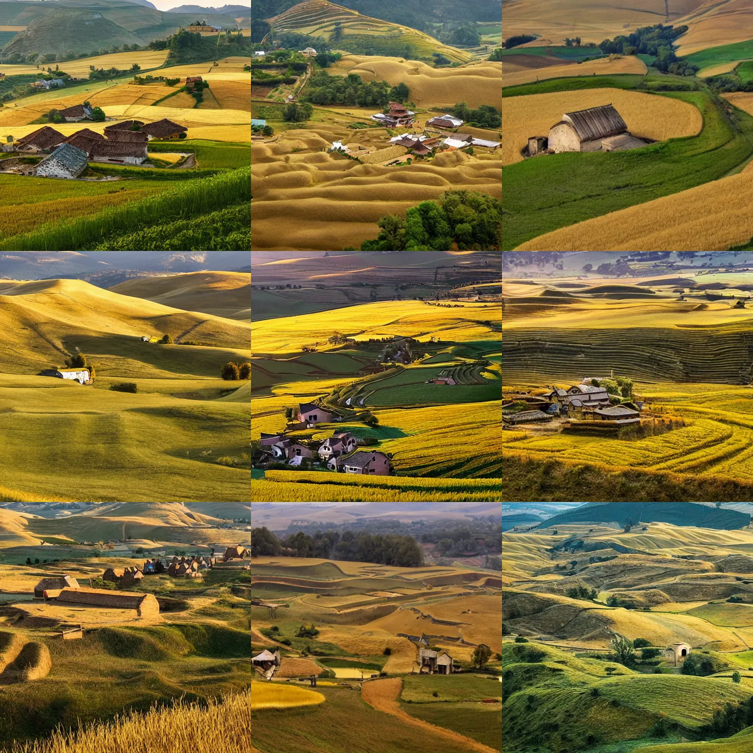 Prompt: an ancient - style farming village located in a vast landscape of golden grassy hills