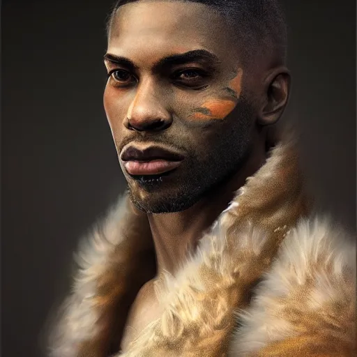 Image similar to portrait painting of a beautiful black man with cut scars and cropped hair wearing a tattered fur coat, ultra realistic, concept art, intricate details, eerie, highly detailed, photorealistic, octane render, 8 k, unreal engine. art by artgerm and greg rutkowski and charlie bowater and magali villeneuve and alphonse mucha