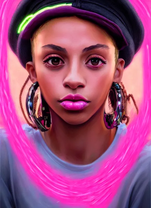 Image similar to portrait of teenage vanessa morgan with bright pink hair, black girl, vanessa morgan, curly pixie cut hair, wearing newsboy cap, newsboy cap, hoop earrings, intricate, elegant, glowing lights, highly detailed, digital painting, artstation, concept art, smooth, sharp focus, illustration, art by wlop, mars ravelo and greg rutkowski