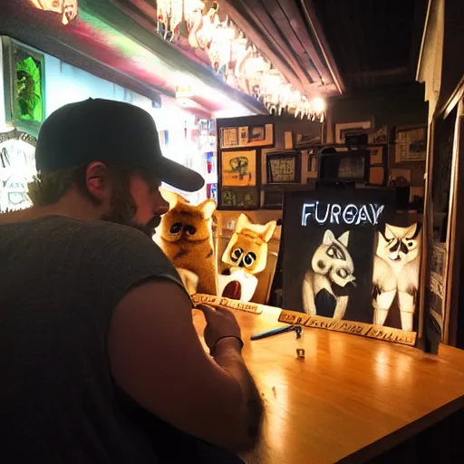 Image similar to photo portrait of drunk hobo artist drawing furries for booze, symmetry, awesome exposition, very detailed, highly accurate, intricate, professional lighting diffracted lightrays, 8 k, sense of awe