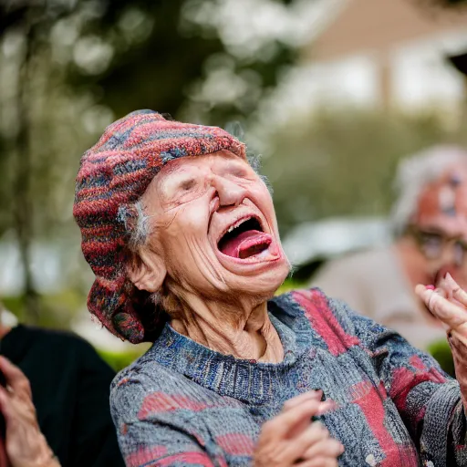 Image similar to elderly woman screaming at a party, canon eos r 3, f / 1. 4, iso 2 0 0, 1 / 1 6 0 s, 8 k, raw, unedited, symmetrical balance, wide angle