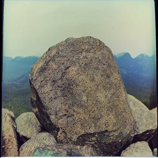 Prompt: a big flat rock flying through the sky, blurry photo, old polaroid, expired film, historical photo,