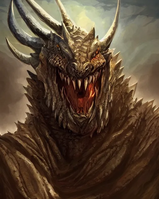 Prompt: ''face portrait of a rugged dragon, fantasy, mountain landscape, d & d, digital painting, artstation, deviantart, concept art, illustration, art by dragolisco and anne stokes and nico niemi''