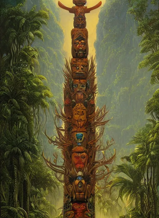 Image similar to a totem in the jungle representing amazonian shamanic tradition, tribal masks, totem, hyper detailed, art by christophe vacher