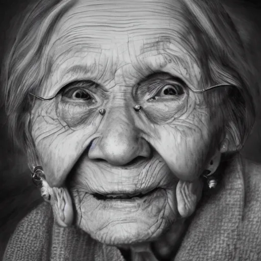 Image similar to A photo of a portrait of a 95 year old lady, trending on Art Station, high detailed, black and white, photorealistic