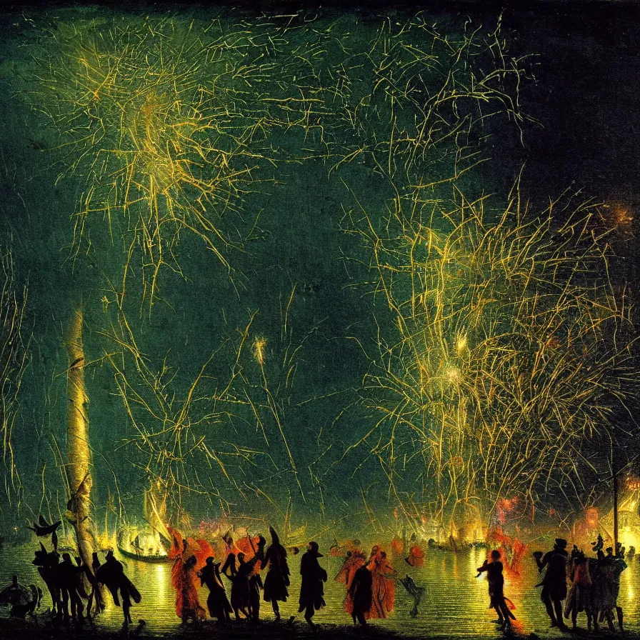 Image similar to closeup of a night carnival around a magical in a summer storm, tree cavity with a music scenario with many fireworks and christmas lights, next to a lake with iridiscent lake water, volumetric lightning, folklore people disguised with fantastic creatures in a magical forest by summer night, masterpiece painted by caspar david friedrich, scene by dark night environment, refraction lights,