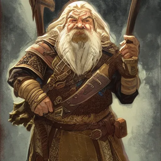 Prompt: Dwarven ranger. Epic portrait by james gurney and Alfonso mucha (lotr, witcher 3, dnd, dragon age, gladiator, scoia'tael).