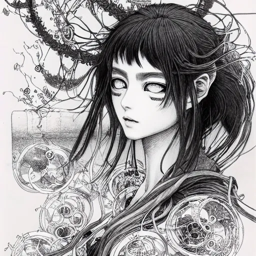 Prompt: prompt: Fragile looking vessel portrait soft light drawn by Vania Zouravliov, inspired by Akira 1988 anime, magical and alchemical weapons, soft light, white background, intricate detail, intricate ink painting detail, sharp high detail, manga and anime 2000