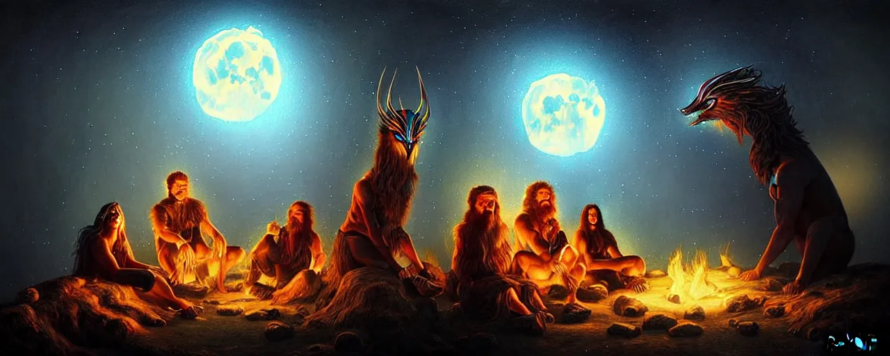 Image similar to uncanny!!! bifrost!!! mythical beasts of sitting around a fire under a full moon at bifrost, surreal dark uncanny painting by ronny khalil