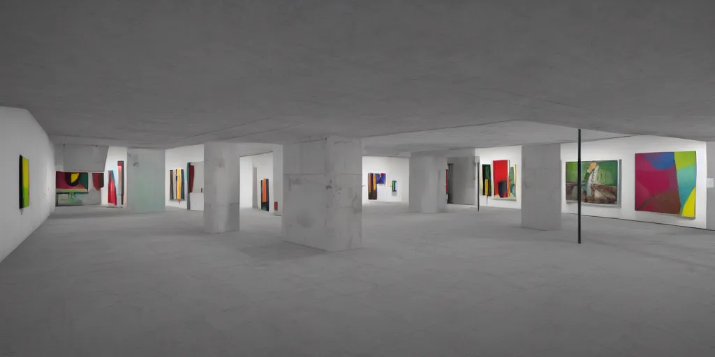 Image similar to coloured 3 d octane model of a brutalism art gallery, highly detailed