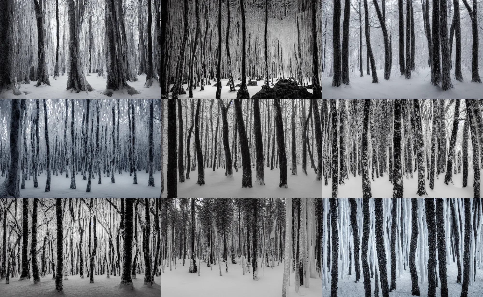 Prompt: a forest made entirely of ice inside of a massive tent with black and white stripes by gerald brom, 4 k, masterpiece, ambient light