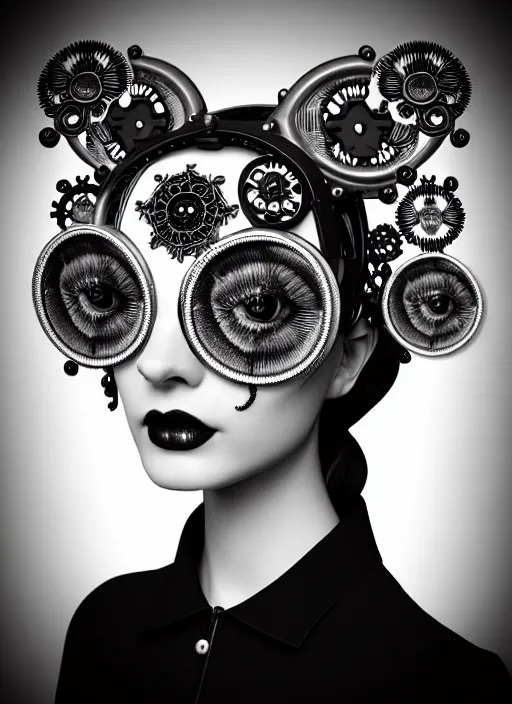 Prompt: black and white gothic masterpiece profile face portrait, one steampunk eye silver hexagonal meshes floral biomechanical beautiful young female cyborg - vampire, big monocular, volumetric light, hibiscus flowers, by hg giger, rim light, big gothic fashion pearl embroidered collar, 8 k