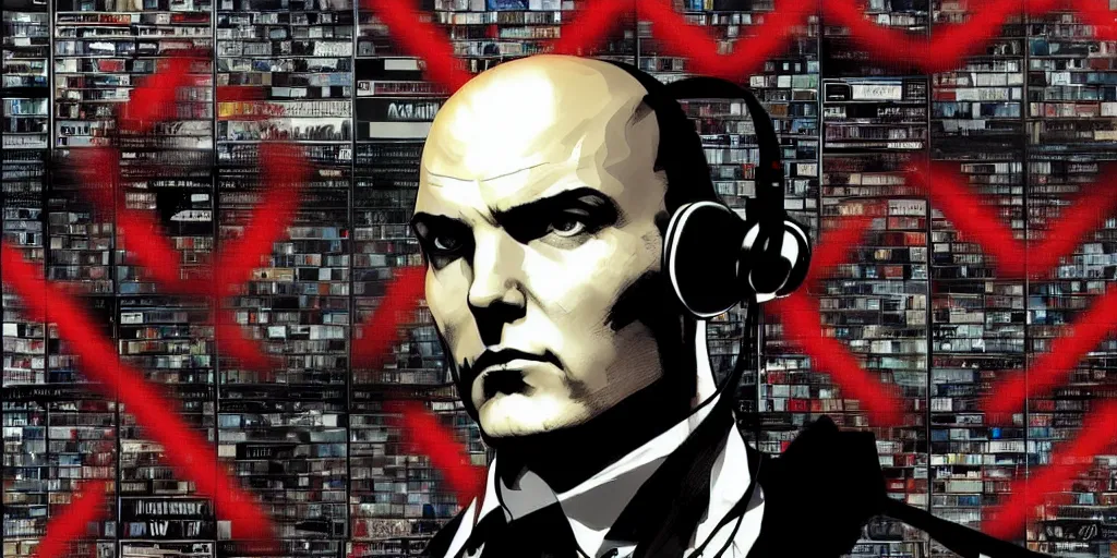 Image similar to a portrait of agent 4 7 from hitman wearing headphones in front of a wall of vinyl records, head being lit by red rim light, digital art, artstation, art by yoji shinkawa