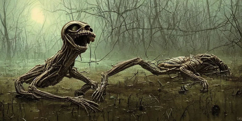Prompt: extremely disturbing alien creature crawling through a swamp, created by Scott Listfield