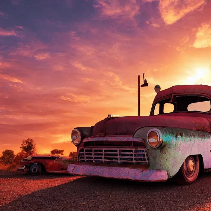 Image similar to a sunset light landscape with historical route 6 6, lots of sparkling details and sun ray ’ s, blinding backlight, smoke, volumetric lighting, colorful, octane, 3 5 mm, abandoned gas station, old rusty pickup - truck, beautiful epic colored reflections, very colorful heavenly, softlight