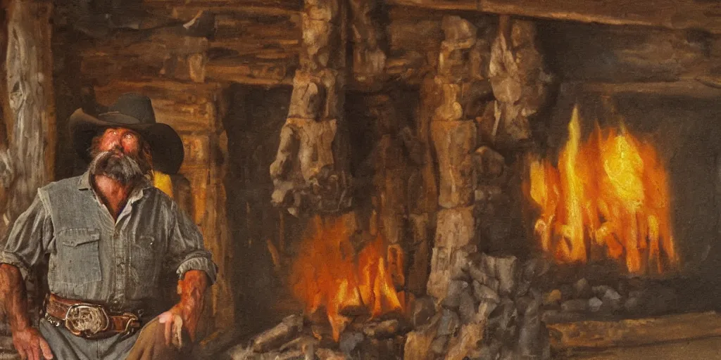 Prompt: in an old west cabin, close up shot a rugged, bearded cowboy standing at his fireplace, in the style of Fredrick Remington, oil painting