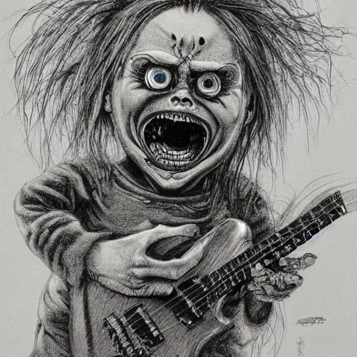 Prompt: grunge drawing of chucky by - Zdzisław Beksiński , loony toons style, horror themed, detailed, elegant, intricate