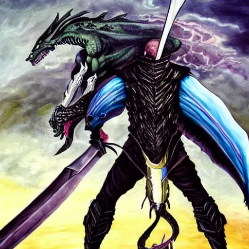 Prompt: epic landscape painting of guts from the berserk manga fighting femto with his large dragon slayer sword