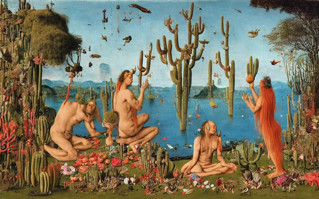 Image similar to a photograph of a meditating centaur shaman and a flayed mermaid feeding fish at the lake. surrounded by bulbous flowers, animals and a few trees and cacti. cliffs under a blue sky of burning stars. painted by jan van eyck, max ernst, ernst haeckel, ernst fuchs and artgerm, trending on cgsociety, plant patterns
