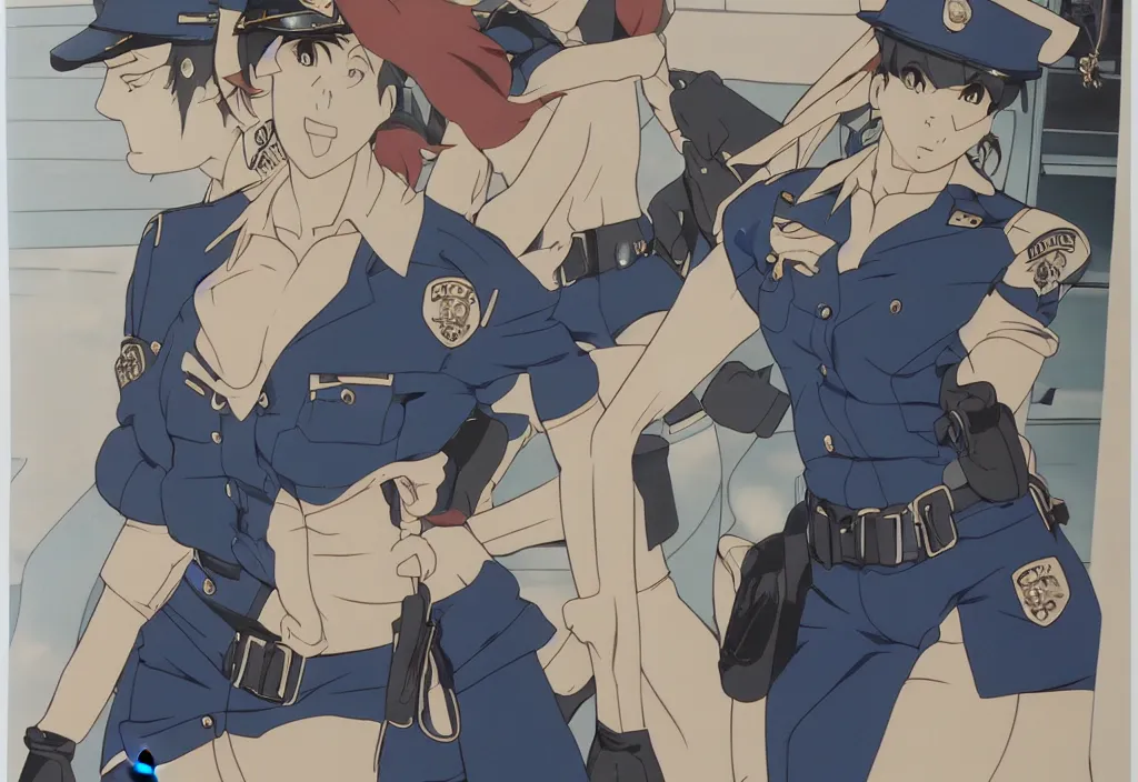 Image similar to police woman, animation cel for anime movie, designed by haruhiko mikimoto