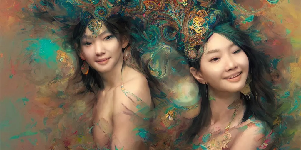 Image similar to Psychedelic portrait of a smiling Goddess by Stanley Artgerm Lau, Ruan Jia and Fenghua Zhong