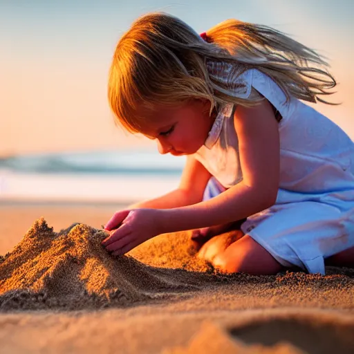 Image similar to little blond girl, making a sandcastle!!! on an Australian Beach, red!!! sand, golden hour, Canon EOS R3, f/1.4, ISO 200, 1/160s, 8K, RAW, unedited, symmetrical balance, in-frame