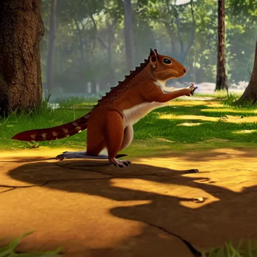 Image similar to screenshot of animal fighting game on ps 4, squirrel vs lizard, unreal engine,