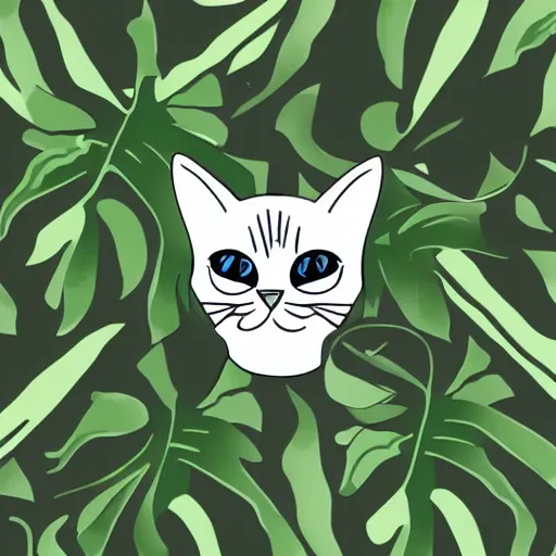 Image similar to tattoo sketch of a cat with one eye, monstera epipremnoides, a draft, organic ornament, minimalism, line art, vector