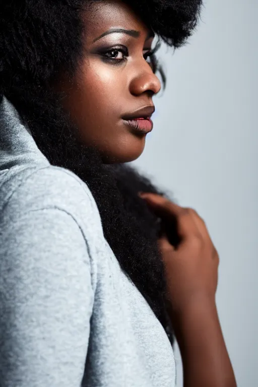 Prompt: dark skinned woman, profile, frizzy hair, bluish colorscheme, fashion photo, 8 5 mm f 1. 2, dof, bokeh