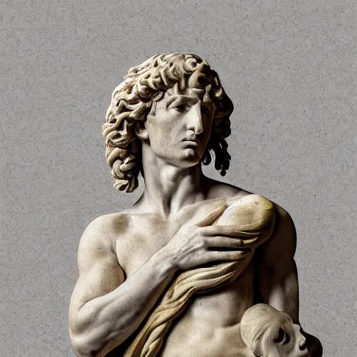 Prompt: greek or roman sculpture in marble of a philosopher holding a skull, in a museum background, hyperrealistic photograph in the style of bernini, golden hour