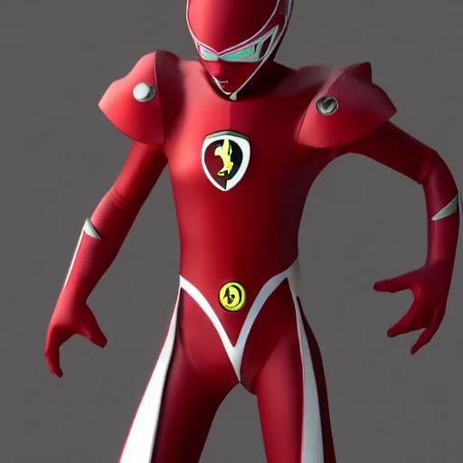 Image similar to Tokusatsu character based on Ferrari, red mechanical skinny body, chest plate with Ferrari logo, stylized motorcycle helmet, full body, unreal engine, 3D model