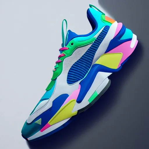 Image similar to puma rs - x sneakers, james jean style, vfx art, unreal engine render, claymation style, colourful, volumetric light, digital painting, digital illustration, dramatic light,